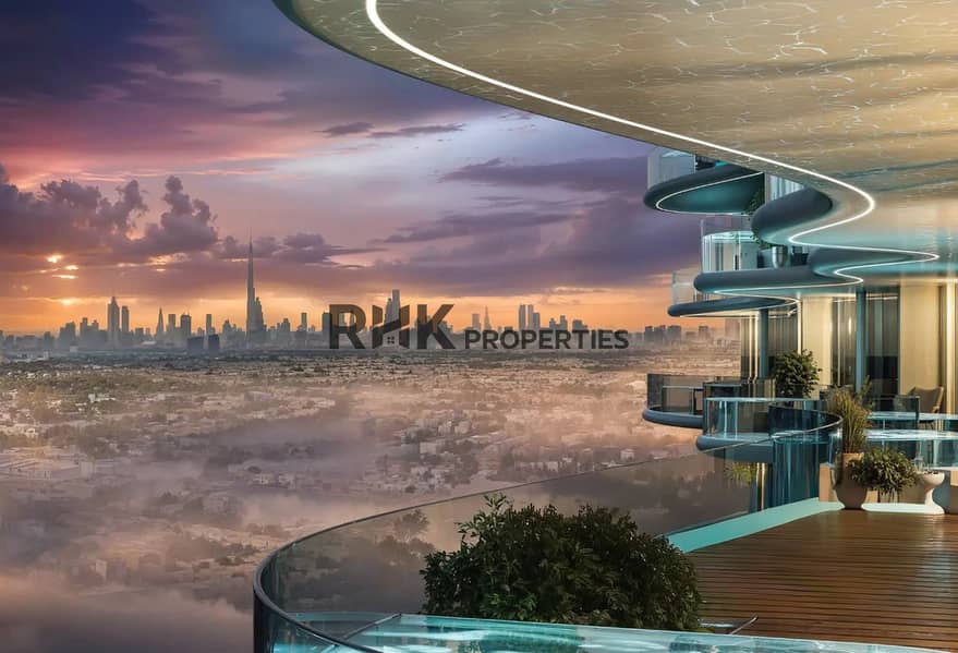 7 penthouse Dubai Burj Khalifa view sunset sky terrace luxury apartment