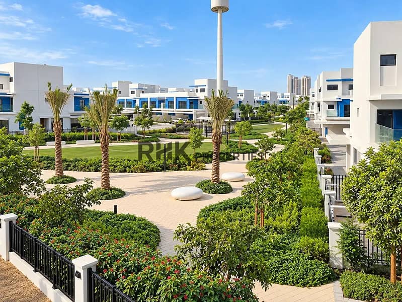 14 Luxury villa community in Dubai with manicured gardens, palm trees, and panoramic views of iconic city landmarks