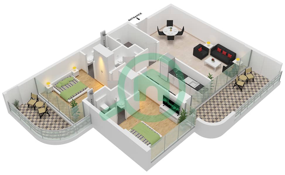Reem by Vision - Grundriss für 2 Schlafzimmer Wohnung Einheit 6 FLOOR 2-8 interactive3D