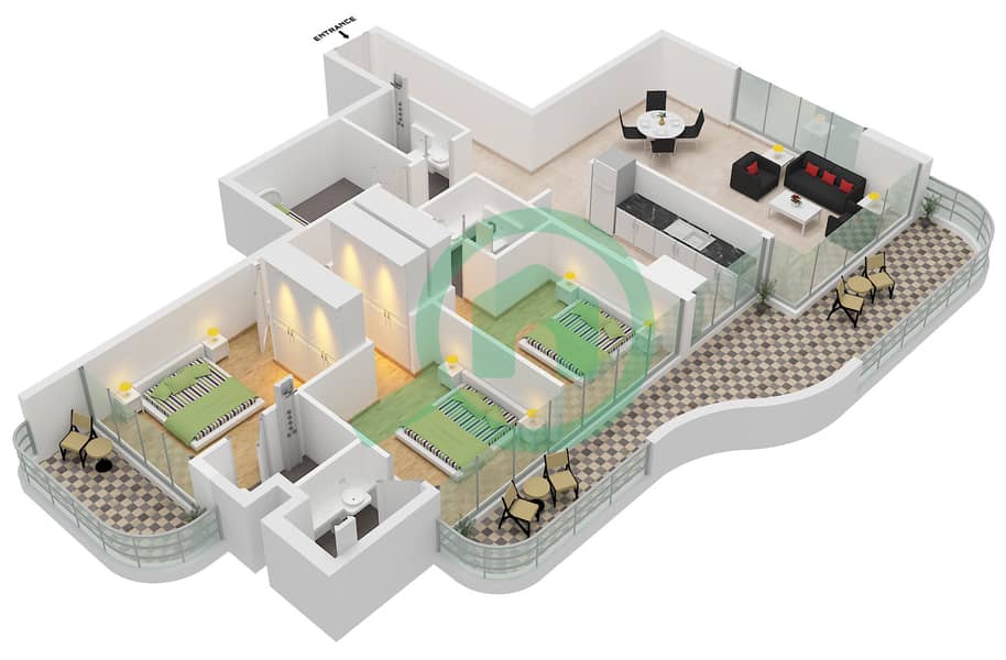 Reem by Vision - Planimetria del piano di 3 Camere Appartamento Unità 21 FLOOR 2-8 interactive3D