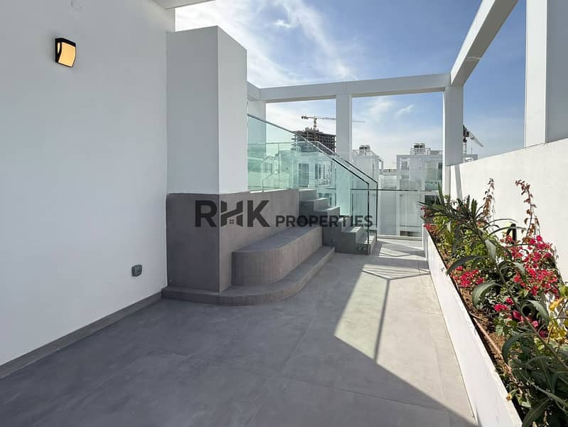 9 Modern townhouse rooftop terrace with landscaped flower beds, glass railings and outdoor seating steps