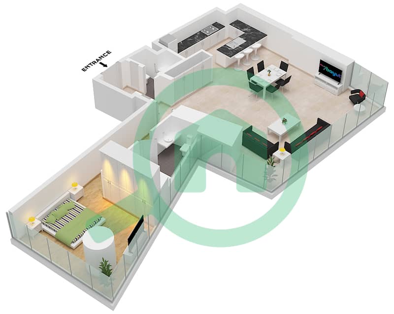 DAMAC Heights - Planimetria del piano di 1 Camera Appartamento Tipo/unità A / UNIT 01 FLOOR 12A interactive3D