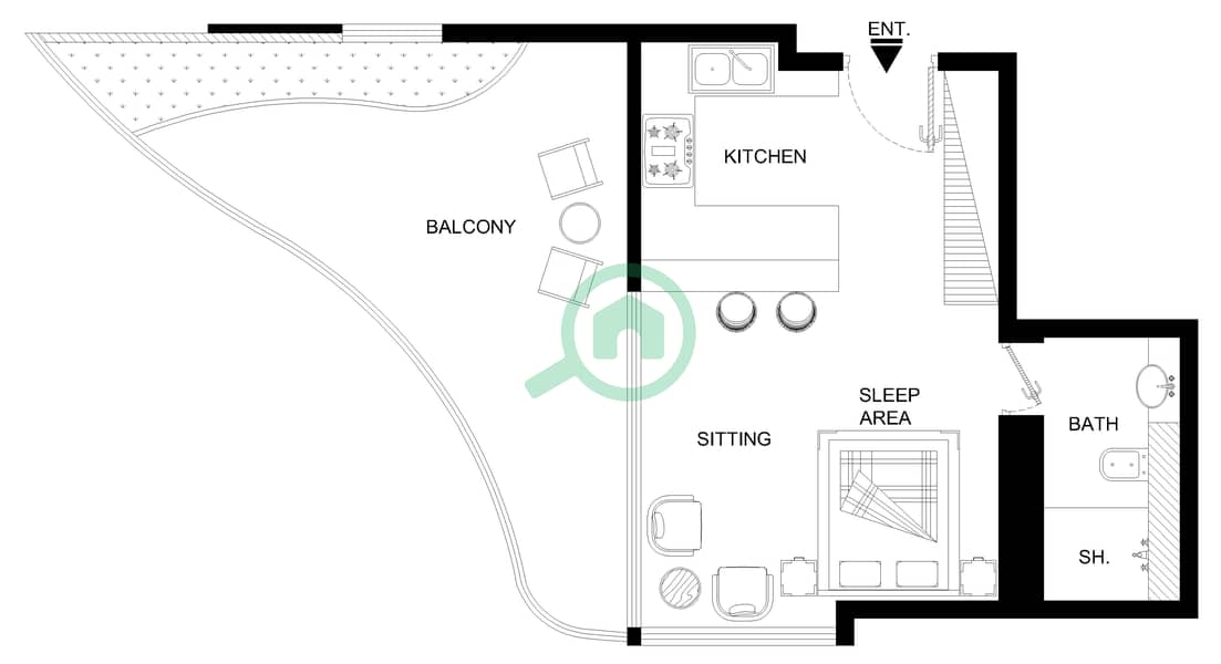 Chic Tower - Planimetria del piano di Monolocale Appartamento Tipo/unità 4 / UNIT 16 FLOOR 8,10 interactive3D