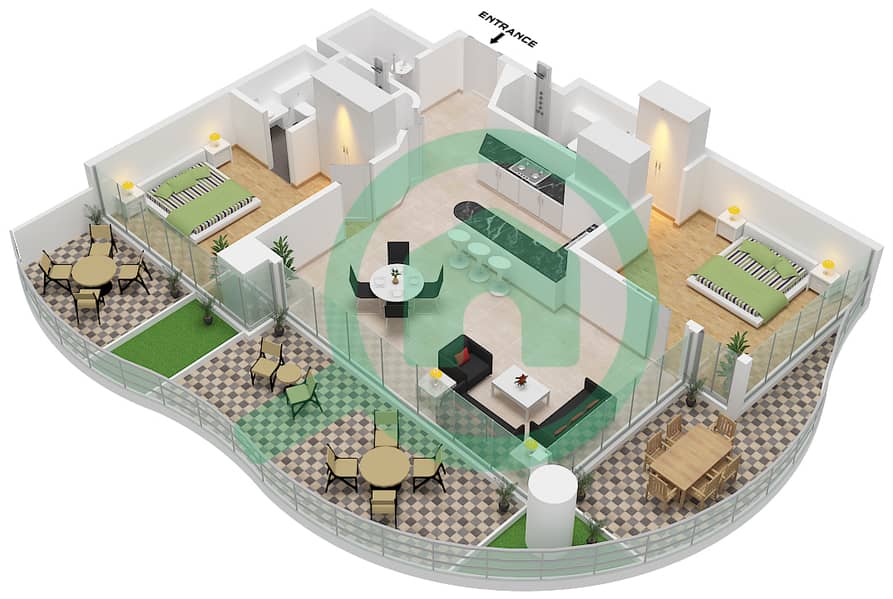 Chic Tower - Planimetria del piano di 2 Camere Appartamento Tipo/unità 1 / UNIT 14 FLOOR 7,11 interactive3D