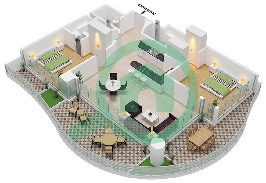 Chic Tower - Planimetria del piano di 2 Camere Appartamento Tipo/unità 1 / UNIT 44 FLOOR 9,13 interactive3D