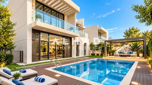 4 Slaapkamers Villa te Huur in Mohammed Bin Rashid City (MBR City), Dubai - Modern Villa Pool at Golden Hour. png