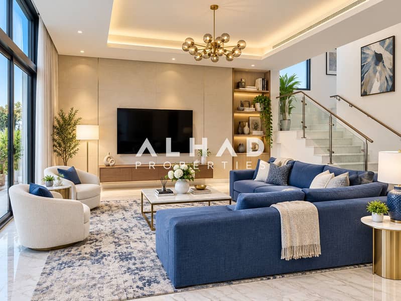 2 Luxury Blue Living Room with Modern Staircase. png