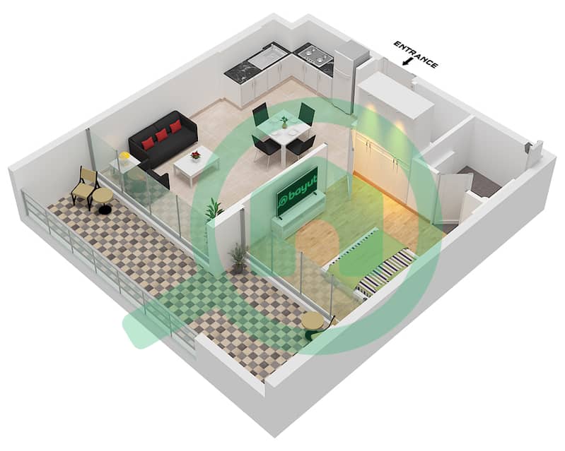 المخططات الطابقية لتصميم الوحدة 24 شقة 1 غرفة نوم - ريم باي فيجن interactive3D