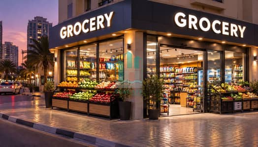 Shop zum Miete in Dubai Investments Park (DIP), Dubai - Illuminated Grocery Sign at Dusk. png Shop zum Miete in Dubai Investments Park (DIP), Dubai - Illuminated Grocery Sign at Dusk. png
