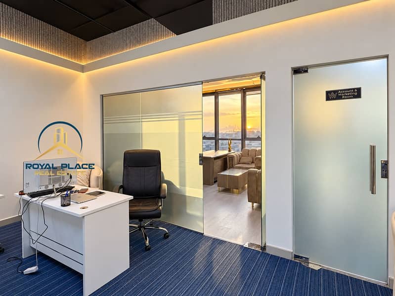 9 Warm sunset office with frosted glass. png