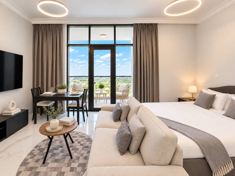 Polished neutral studio with balcony. png Polished neutral studio with balcony. png