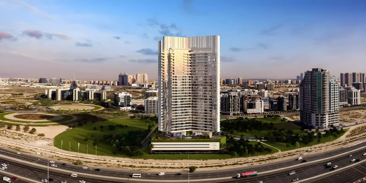 13 Aerial render of the residential tower, showing the rooftop pool, podium, and surrounding roads