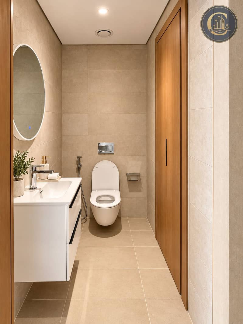 9 Modern Minimalist Beige Tile Bathroom. png