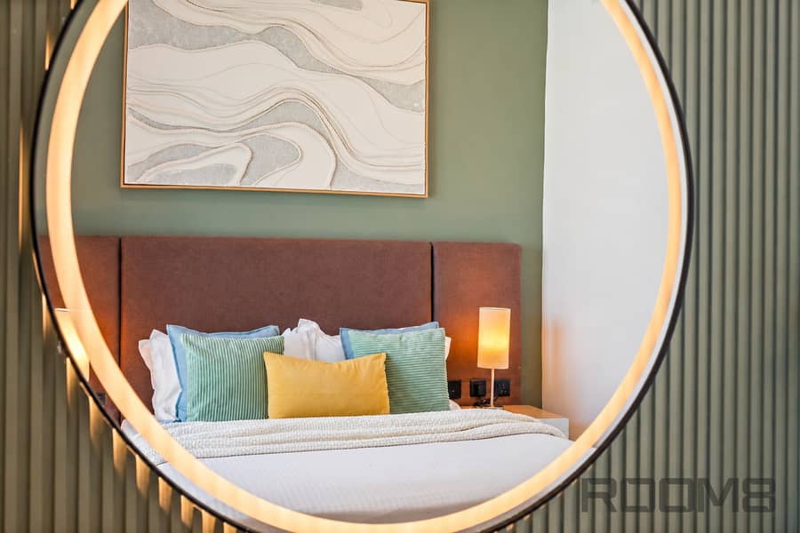 15 Serene Bedroom in a Glowing Round Mirror. png