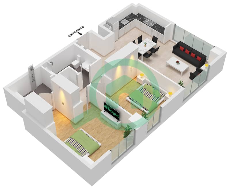 Clearpoint Building 3 - Planimetria del piano di 2 Camere Appartamento Tipo/unità 2J / UNIT 4 FLOOR 1 interactive3D
