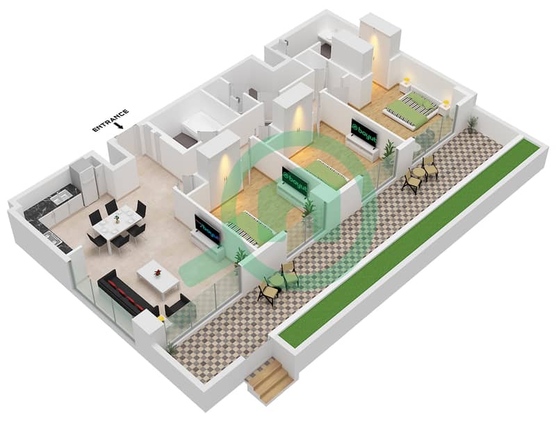 Clearpoint Building 3 - Grundriss für 3 Schlafzimmer Wohnung Typ/Einheit 1C / UNIT 15 FLOOR 1 interactive3D