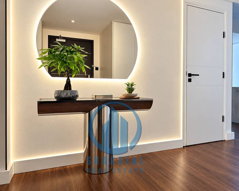 16 Warm Minimalist Foyer with Backlit Mirror. png