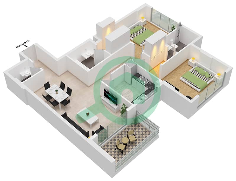 El Oneis 1 - Grundriss für 2 Schlafzimmer Wohnung Typ/Einheit A / UNIT 13 FLOOR 2 interactive3D
