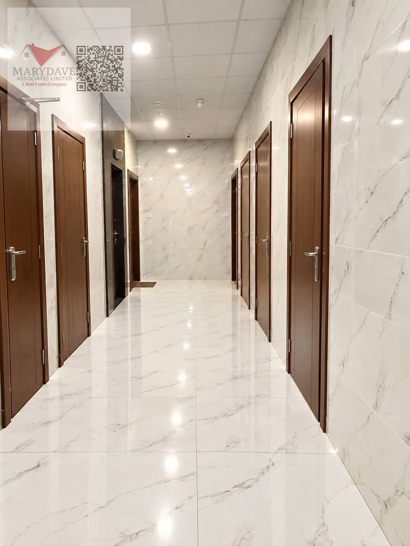 3 Symmetrical Marble Corridor with Wooden Doors. png