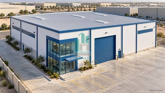 Warehouse in affitto a Dubai Investments Park (DIP), Dubai - Aerial view of white-and-blue warehouse-23. png