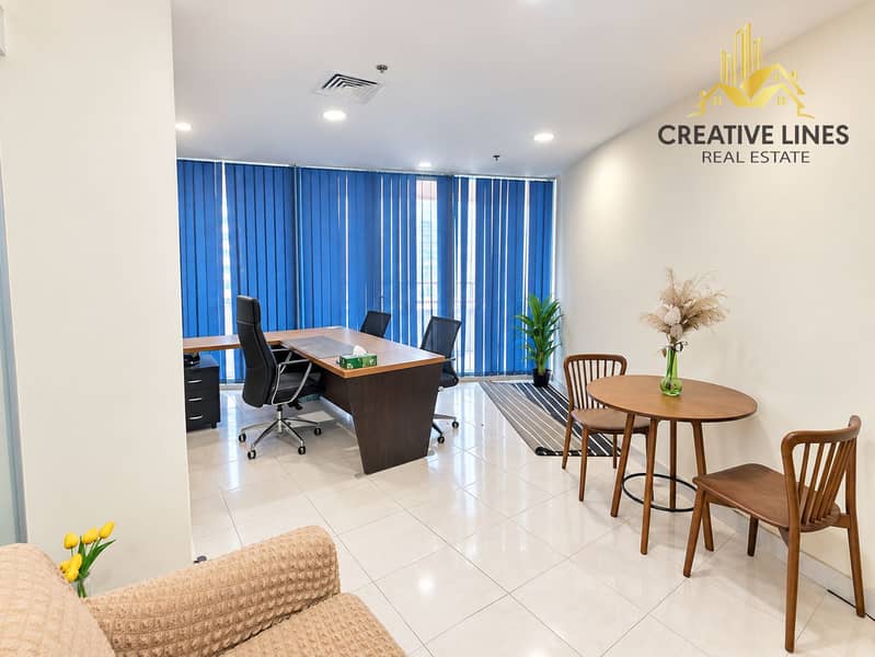 2 Modern Office with Blue Blinds and Tulips. png