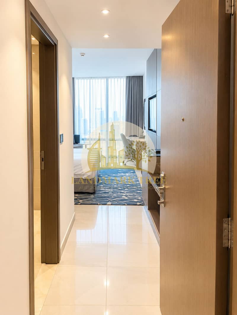 6 Modern Hotel Suite Entryway with City View. png