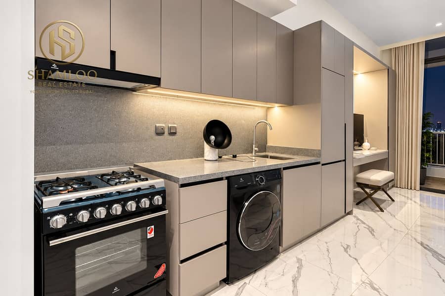 5 Modern Taupe Galley Kitchen at Dusk. png