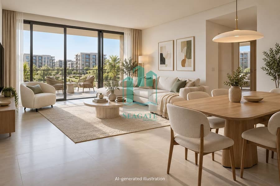 3 Sunlit Aljada apartment living space. png