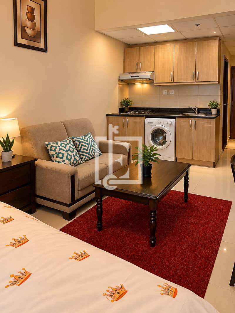 2 Cozy Studio with Crown-Print Bedding. jpg