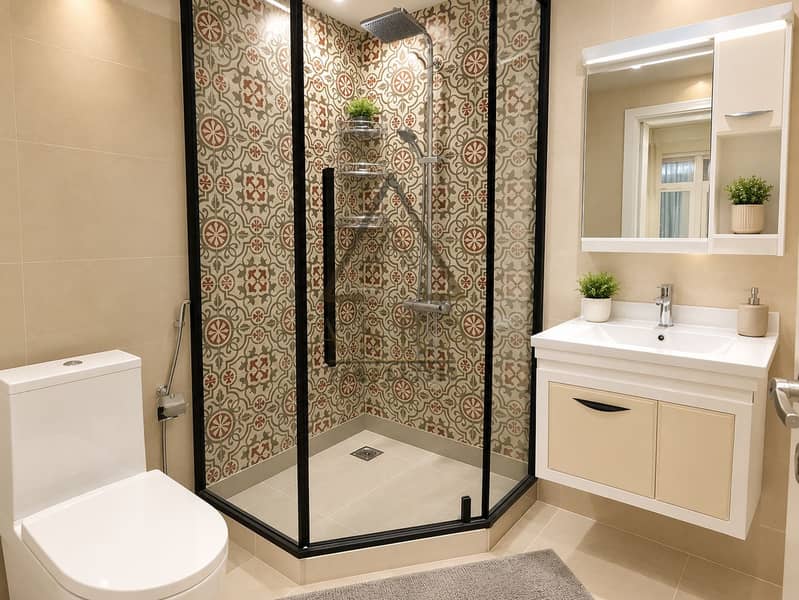 6 Modern Beige Bathroom with Patterned Shower. png