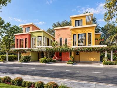 4 Camere Townhouse in affitto a DAMAC Lagoons, Dubai - Colorful townhouse streetscape in soft daylight