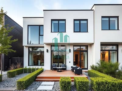 4 Cпальни Вилла Продажа в Аль Дхаит, Рас-эль-Хайма - An_exterior_view_of_a_modern_townhouse_in_a_different_architectural_style. _This_townhouse_features_a_sleek_minimalist_design_with_large_glass_panels_and_a_flat_roof. _The_facade_combines_white_stucco_with_dark_met (1). jpeg