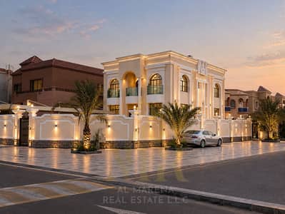 5 Bedroom Villa for Sale in Al Mowaihat, Ajman - Twilight Arabian Villa with Warm Lighting. png 5 Bedroom Villa for Sale in Al Mowaihat, Ajman - Twilight Arabian Villa with Warm Lighting. png