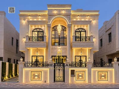6 Bedroom Villa for Sale in Al Helio, Ajman - batch_قصر فاخر بإضاءة ذهبية عند الغسق. jpg