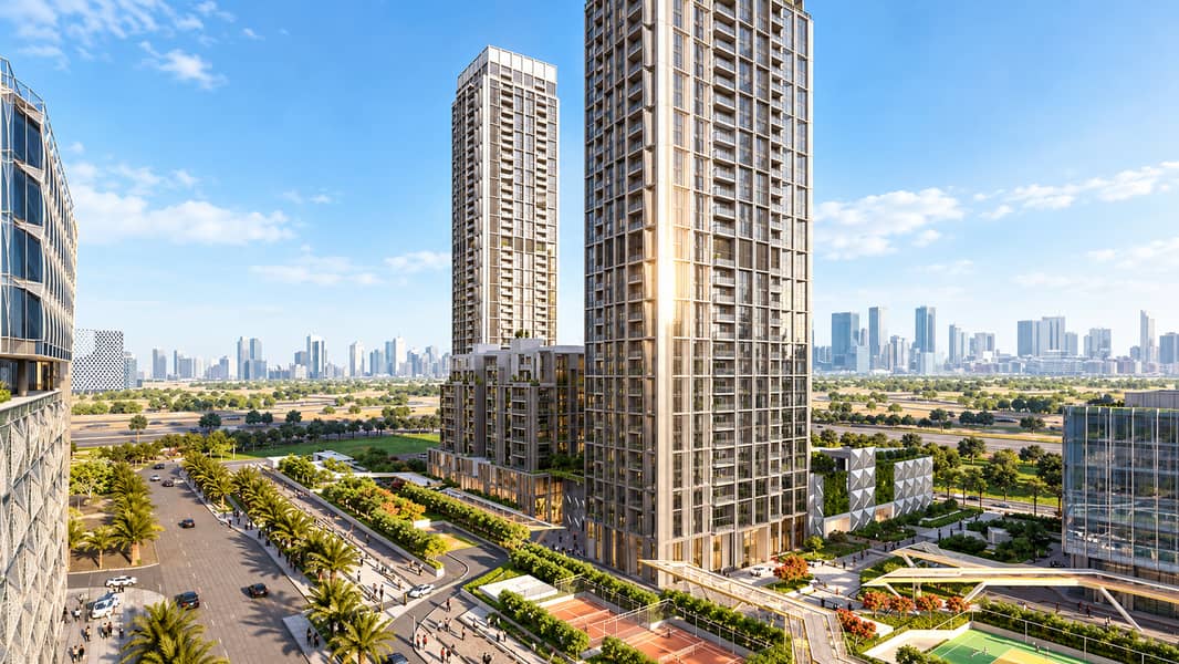 2 Sunlit Towers Amid Urban Greenery. png