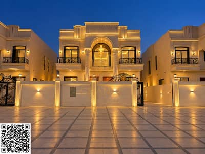 5 Slaapkamers Villa te Koop in Al Zahya, Ajman - Twilight Symmetry_ Illuminated Villa Facade. png 5 Slaapkamers Villa te Koop in Al Zahya, Ajman - Twilight Symmetry_ Illuminated Villa Facade. png