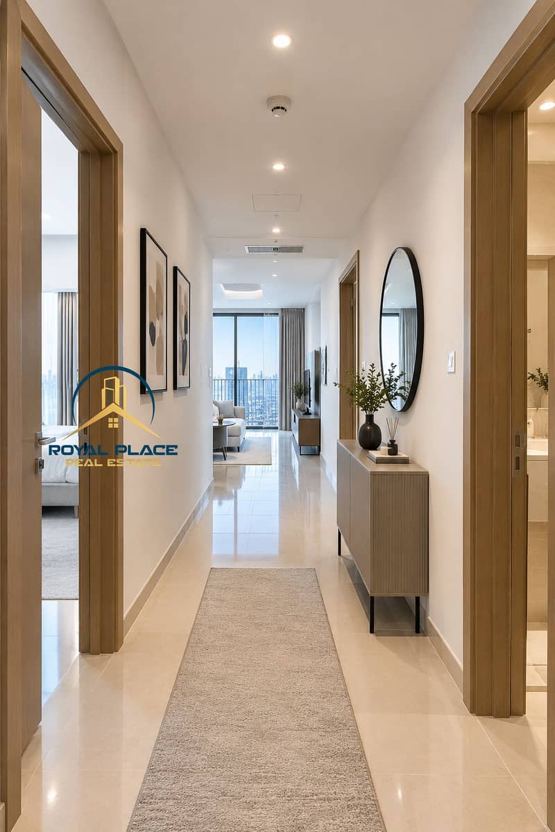 3 Modern Apartment Hallway with City View. png