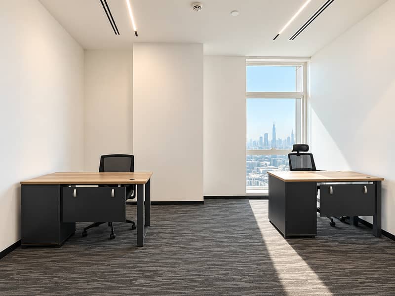 Symmetrical Minimalist Office with City View. png Symmetrical Minimalist Office with City View. png