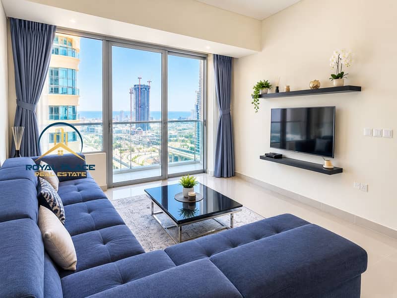 3 Modern Blue Sofa Living Room with City Views. png