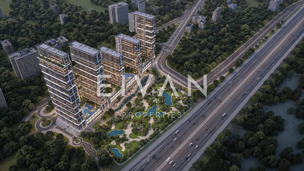 11 Modern Towers Beside a Lush Highway Garden. png