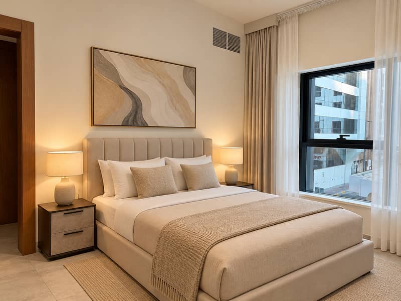 5 Warm Minimalist Bedroom with City View. png