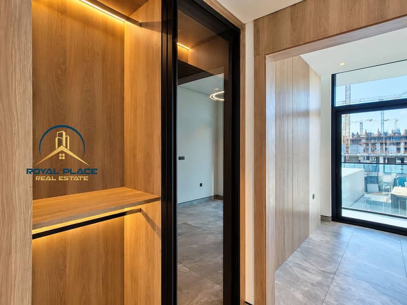 12 Modern Wood-Accented Hallway with City View. png