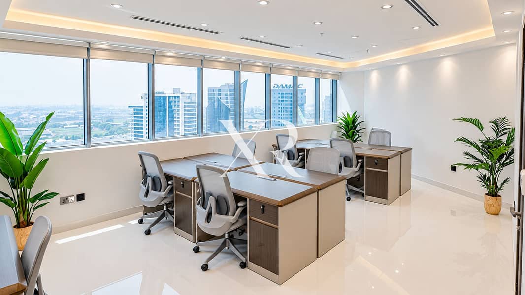 3 Modern Office Workstations with City Skyline. png