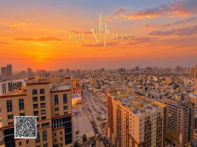 3 Sunset Cityscape with Rooftop QR Code. png