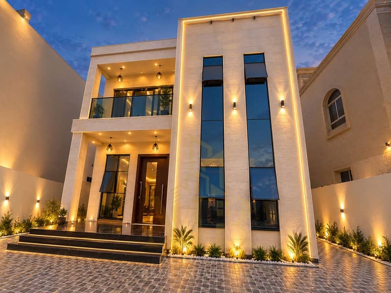 3 واجهة منزل عصري مضاءة عند الغسق (1). png