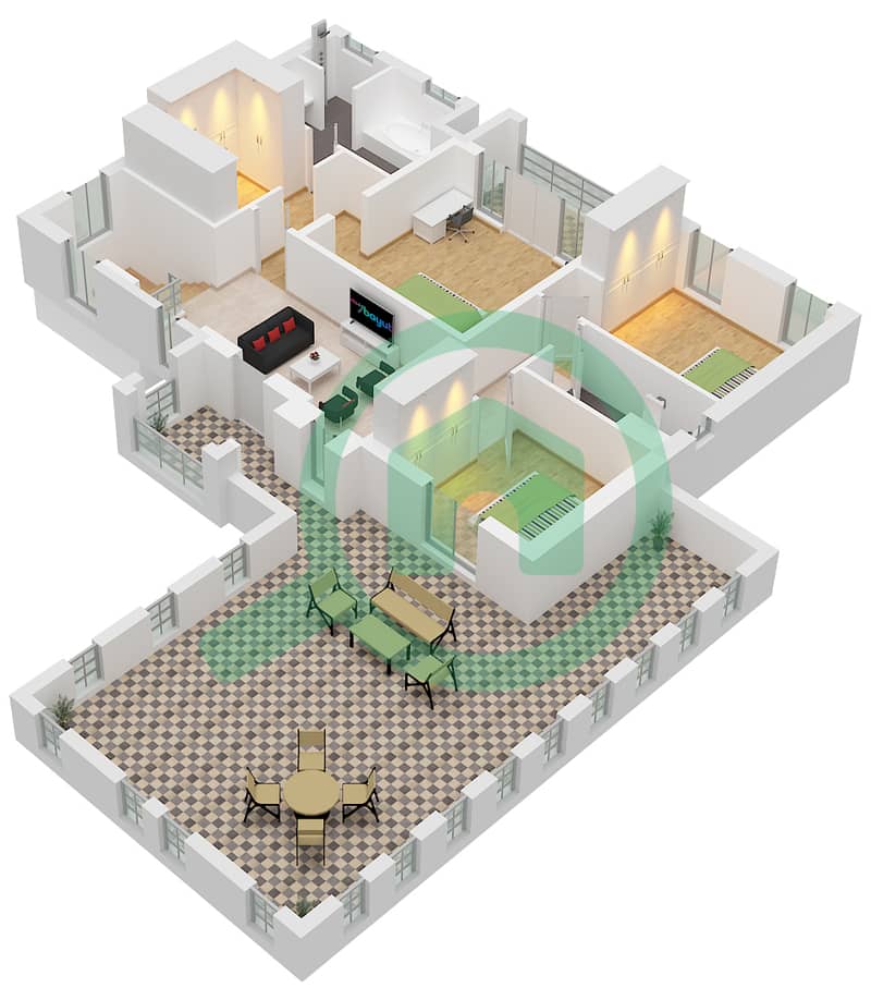 Quortaj - Plano de planta de 4 habitaciones Villa Tipo B Floor First interactive3D