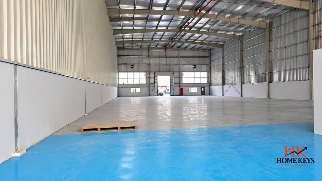 6 Empty Industrial Warehouse with Blue Floor. png