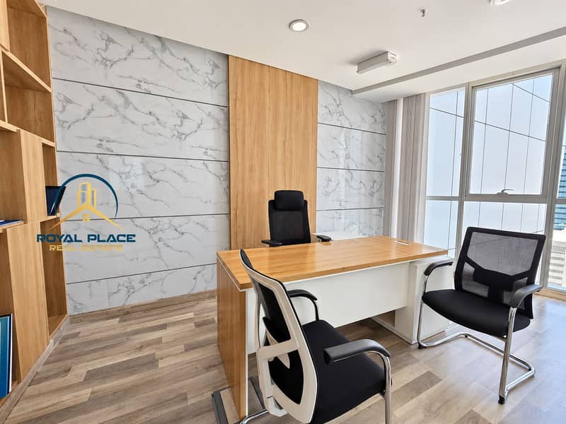 9 Sunlit marble office with city view. png