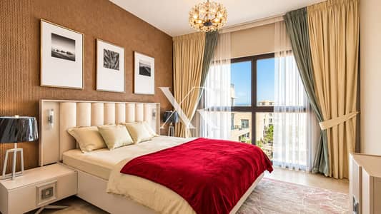 1 Спальня Апартаменты Продажа в Джумейра Вилладж Серкл (ДЖВС), Дубай - Modern Bedroom with Red Throw and City View. png 1 Спальня Апартаменты Продажа в Джумейра Вилладж Серкл (ДЖВС), Дубай - Modern Bedroom with Red Throw and City View. png