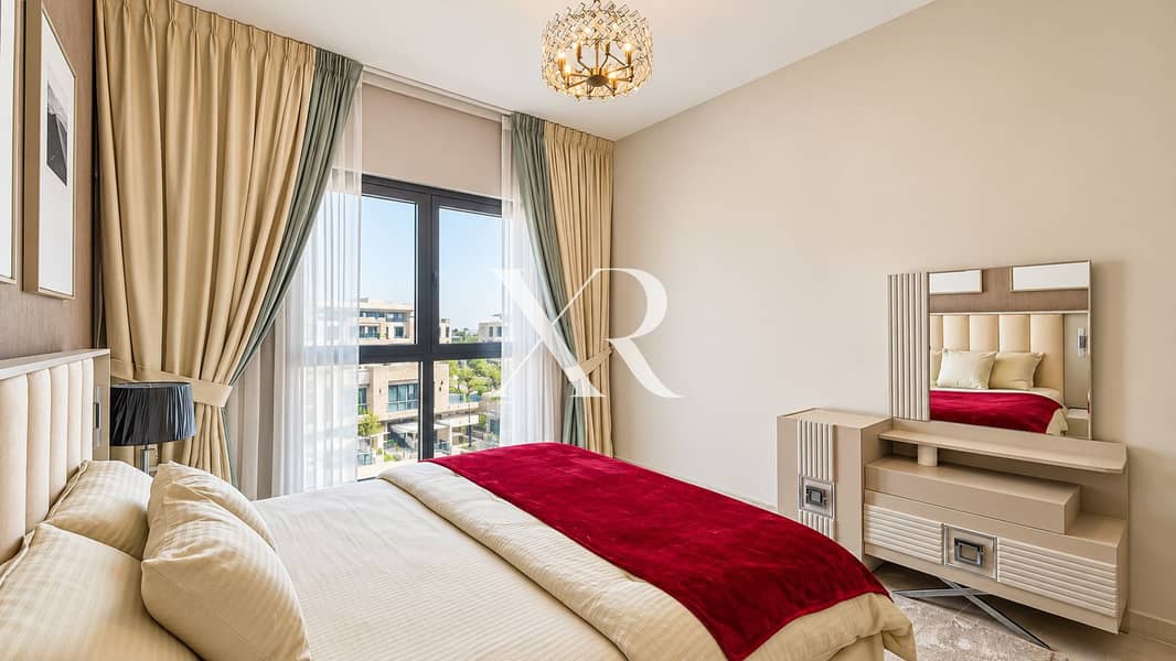 2 Modern Beige Bedroom with Red Throw and City View. png
